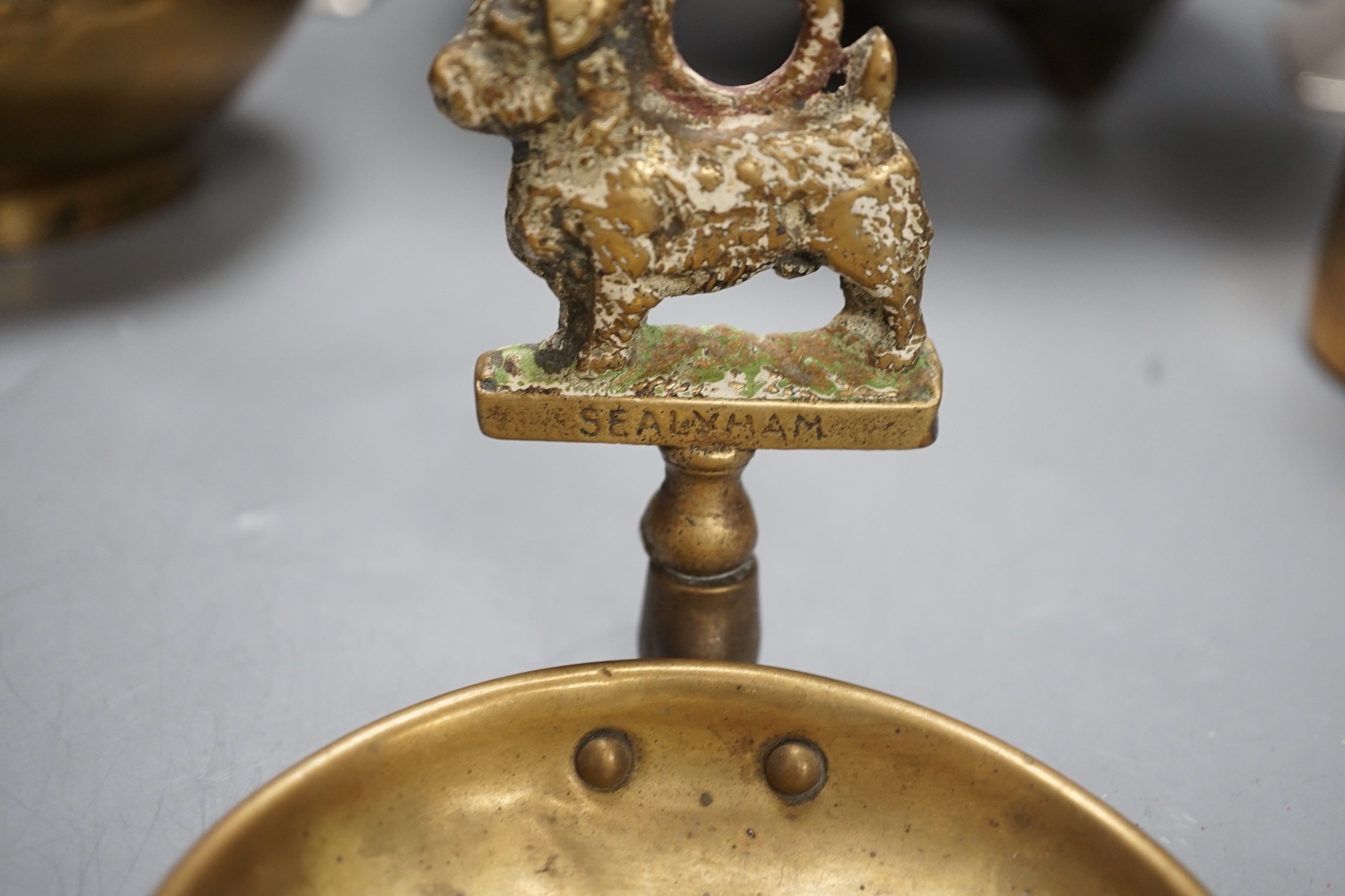 A bronze censer, a pair of secessionist style candle sticks and three other items, bronze censer 20 cms wide